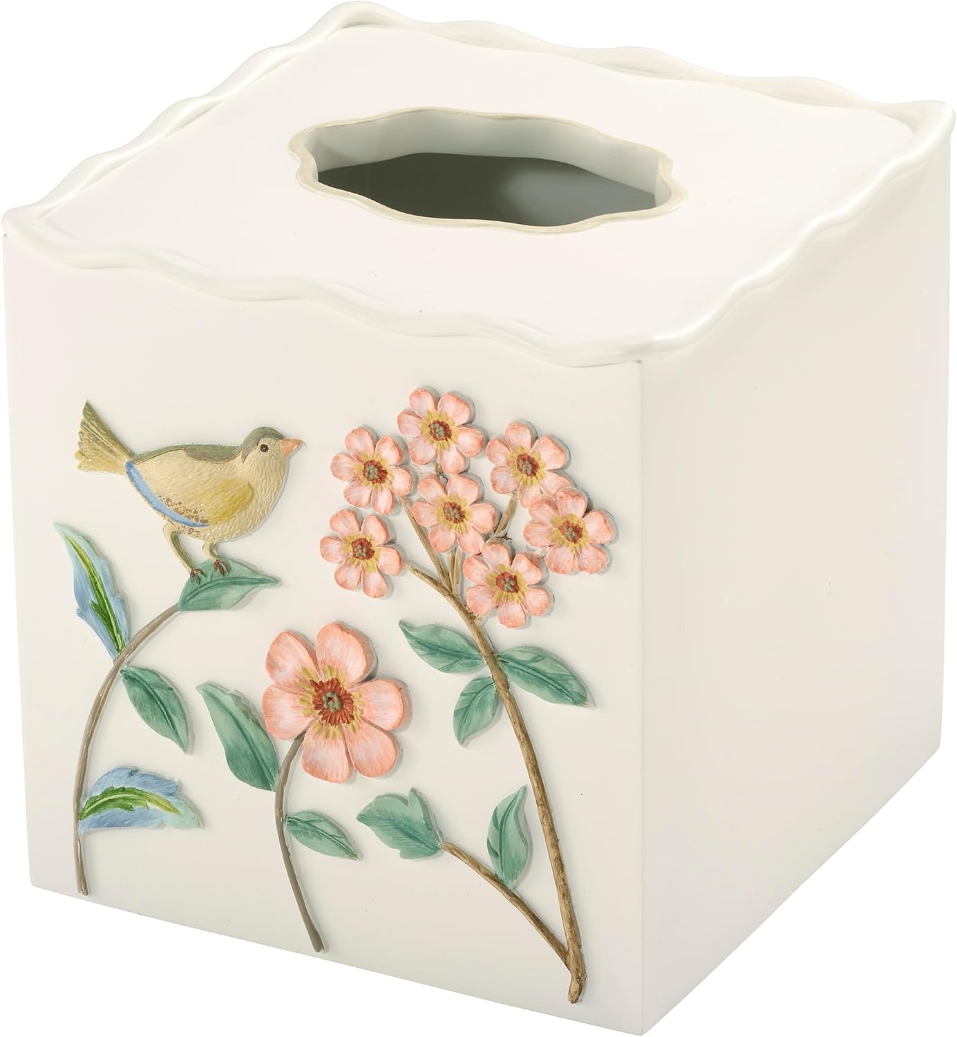 Avanti Linens – Tissue Box Cover, Embossed Hand-Painted Resin with Scalloped Edge, Nature-Inspired Home Decor – Perfect for Bathrooms, Bedrooms, Kitchens or Offices (Pretty Birds)