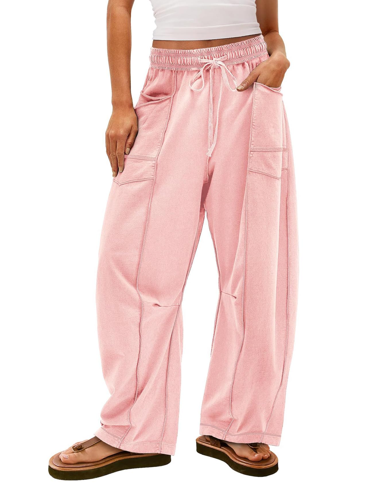 Arssm Womens Baggy Wide Leg Pants Drawstring Barrel Pants Summer Casual Beach Lounge Trousers