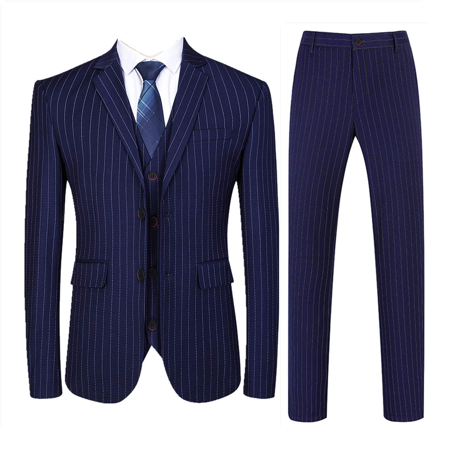 Mens 3 Piece Pinstripe Suit Slim Fit Casual Dress Suits Blazer + Vest + Pants