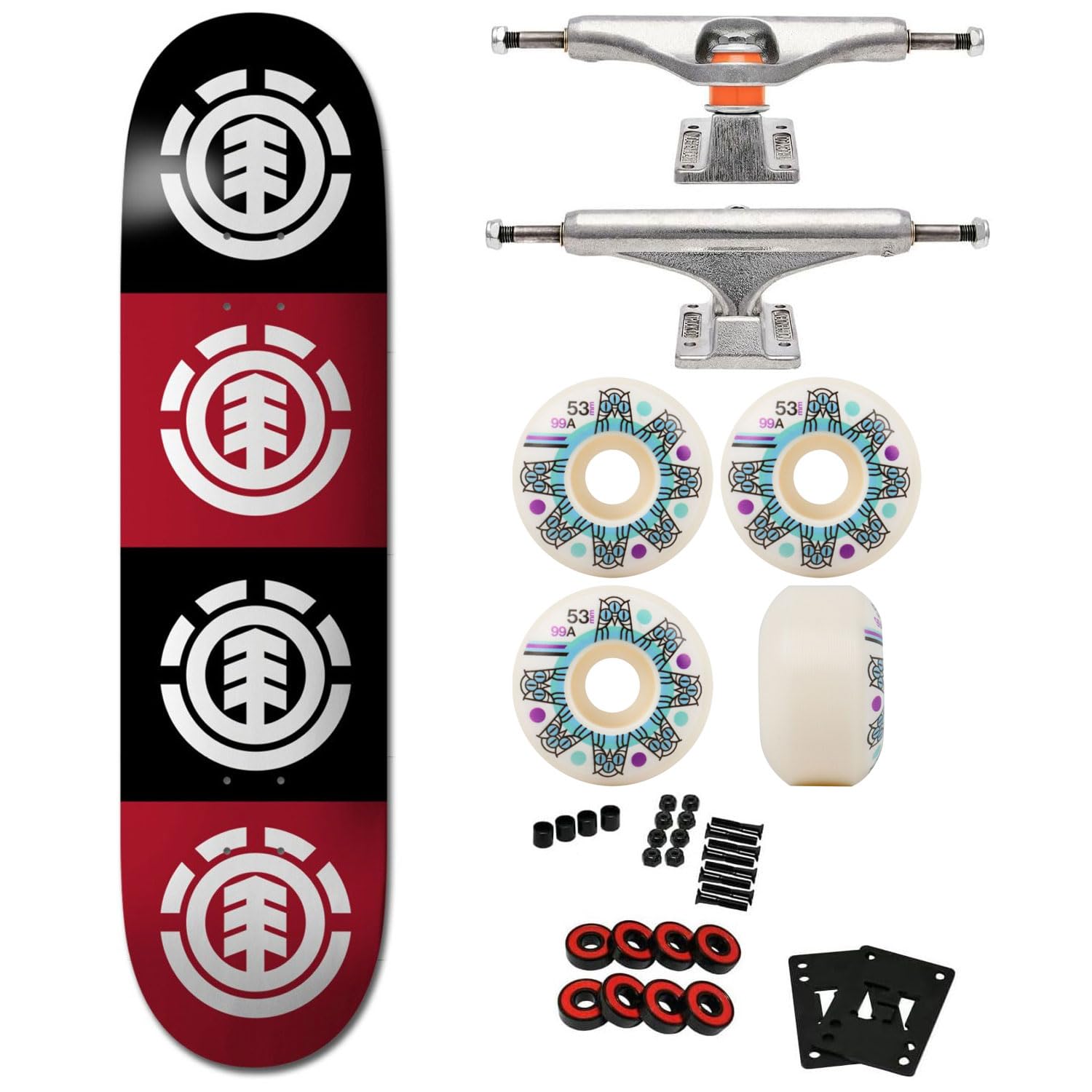 Professional Skateboard Complete with Element Quadrant 7.75" Deck, Independent 129 Trucks, 53mm Triclops Wheels, Bearings, Hardware, Risers, and Griptape