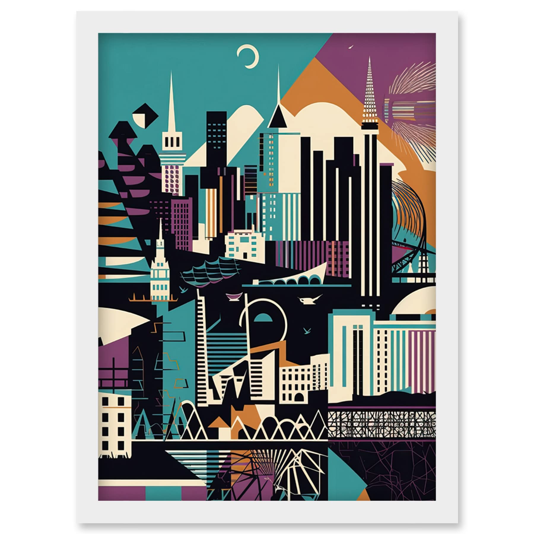 Artery8 Dundee City Modern Abstract Geometric Cityscape Artwork Framed Wall Art Print A4