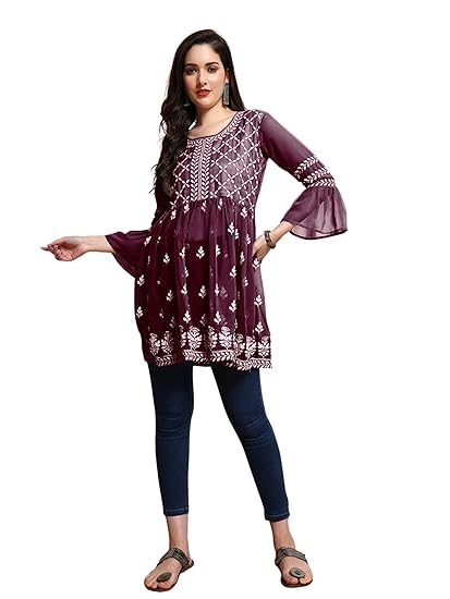 Women's Georgette Chikankari Embroidery Short Kurti