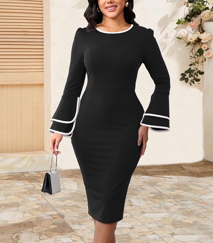 Church Dress for Women Flared Sleeve Midi Pencil Dress Elegant Teacher  Office Business Wear to Work Dresses,996Black_Small at Amazon Women's  Clothing store