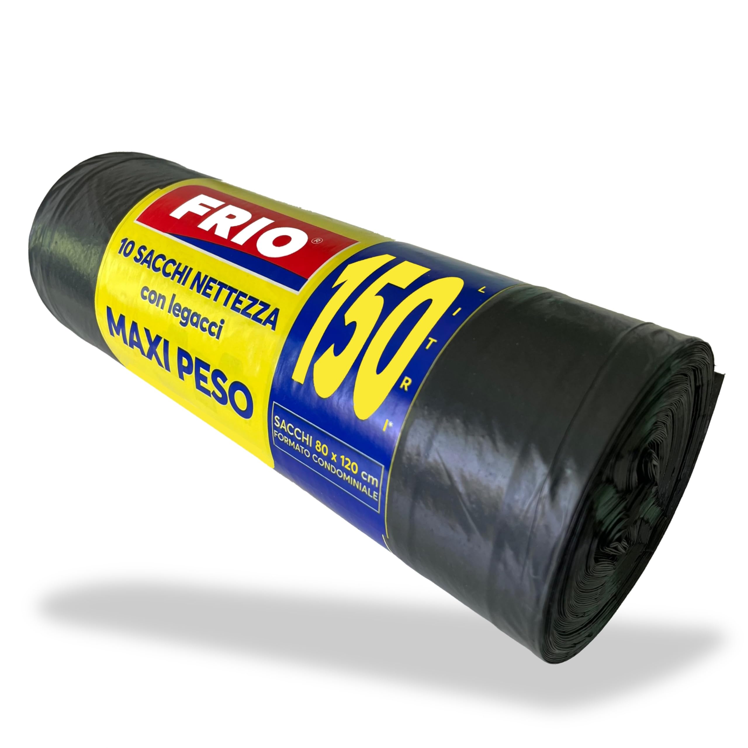 FRIO - 10 sacchi neri grandi, 150 litri, sacchi spazzatura condominiali MAXI PESO per bidone spazzatura, raccolta differenziata, con legacci. Sacchi spazzatura 80x120 cm, multistrato, resistenti