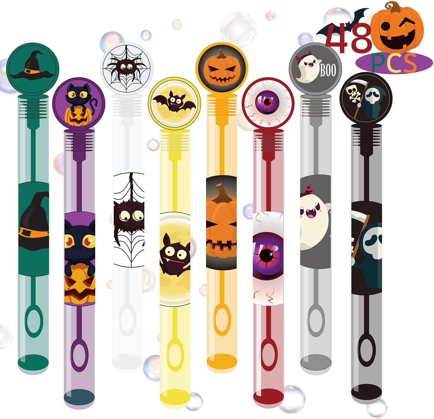 48 PCS Halloween Party Favors Bubble Wands, Halloween Toys for Kids 8 Colors Assortment Designs for Halloween Goodie Bag Stuffers Non Candy Treats Bubble Maker Toys