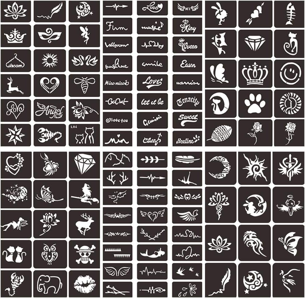 Henna Tattoo Stencils Kit, India Henna Cones Paste Temporary Tattoo Stencils, Glitter Body Face Painting Tattoo Stencils, Self-Adhesive Reusable Henna Tattoo Stencils Stickers (6 Sheets)