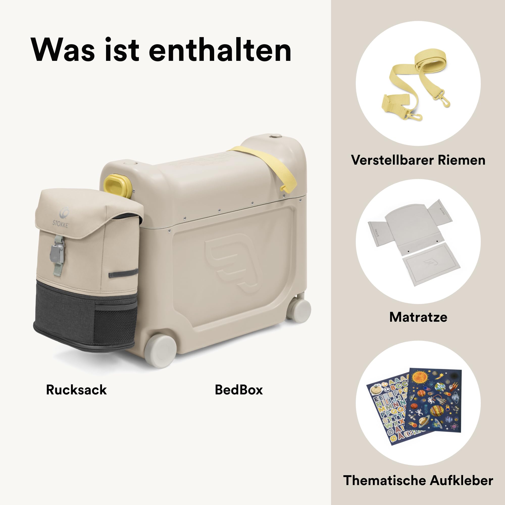 Stokke JetKids Travel Bundle, Moonglow White - Enthält den BedBox Aufsitzkoffer & das Backpack - Ideal für Kinder von 2-7 Jahren (bis 35 kg)
