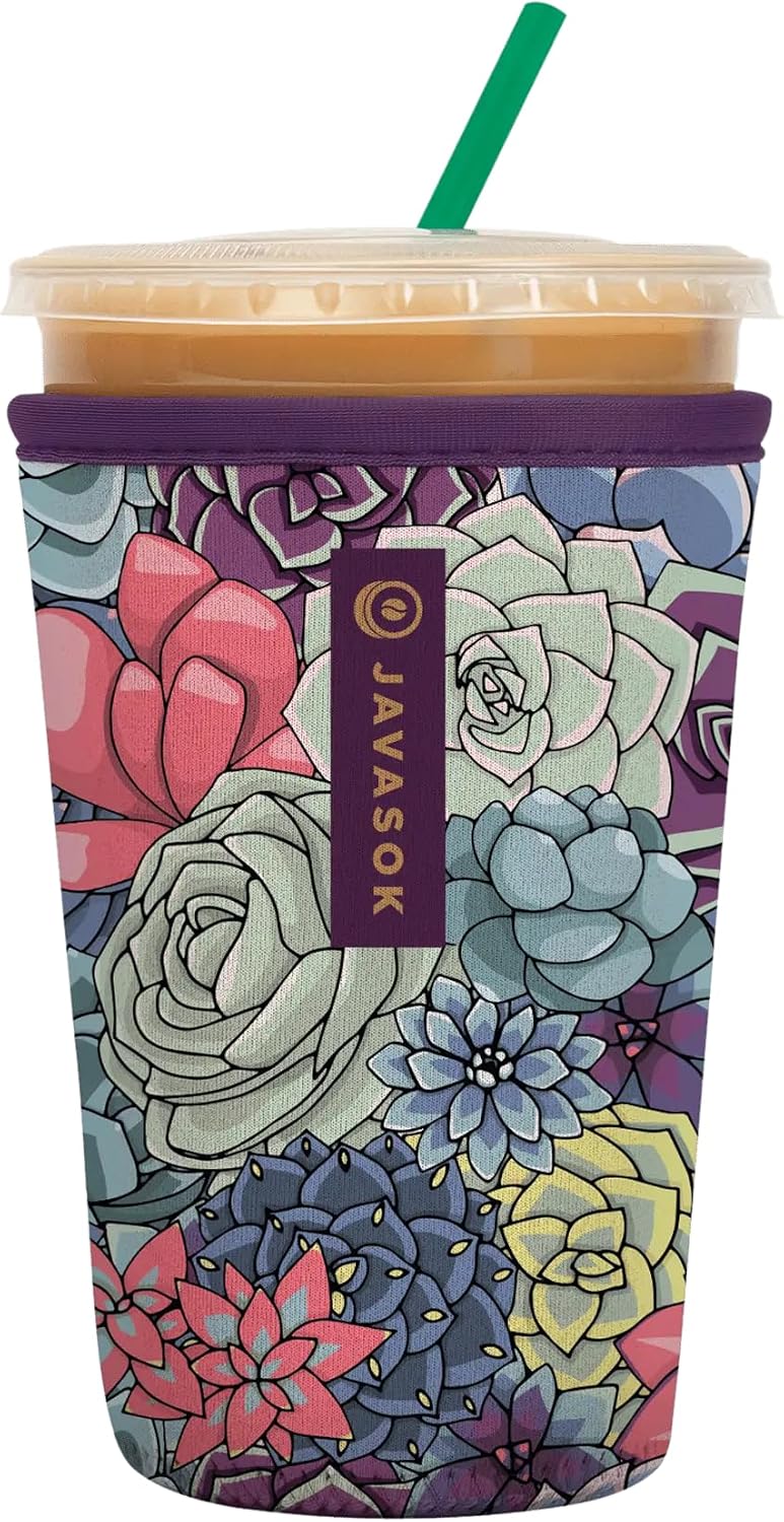 Sok It JavaSok Iced Coffee & Cold Soda Insulated Neoprene Cup Sleeve (Succulents, Medium: 22-28oz)