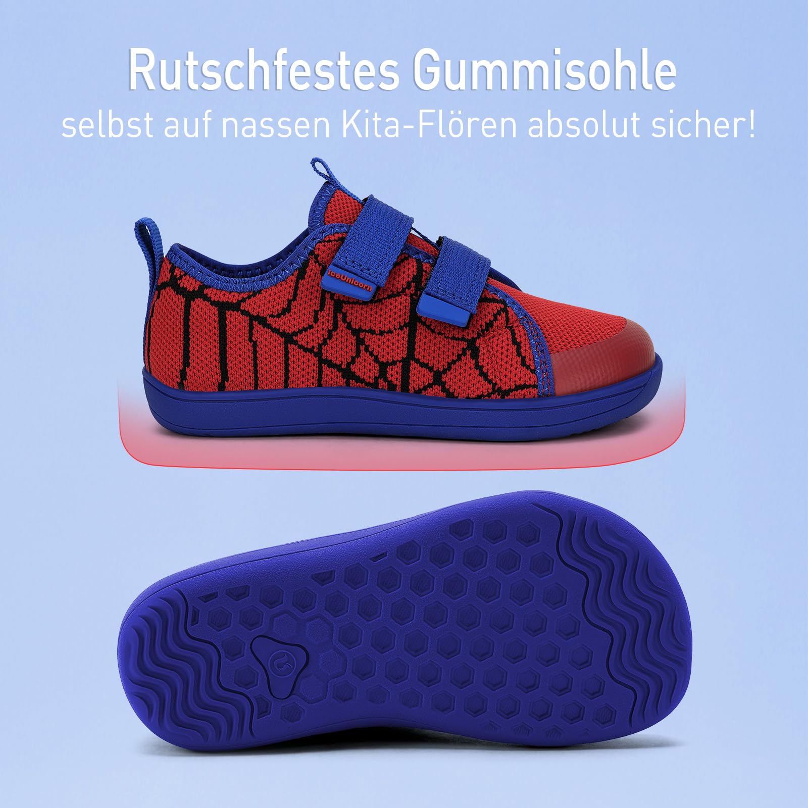 IceUnicorn Kinder Barfußschuhe Breite Zehenbox Jungen Mädchen Hausschuhe Minimalistische Outdoor Traillaufschuhe Walking Schuhe(Rot Blau, 28EU Weit)