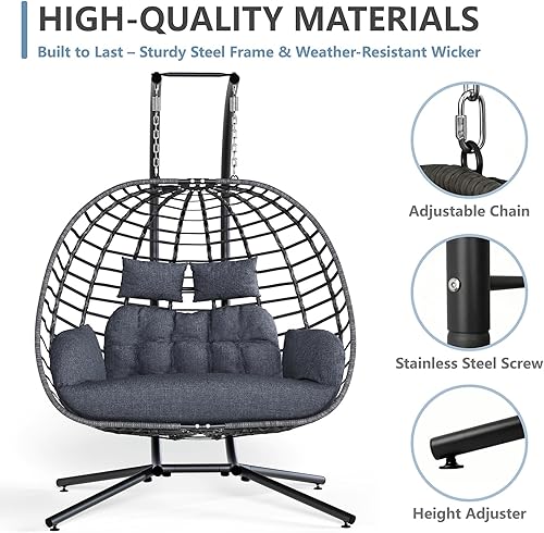 Miniatura 4 de SWITTE Silla columpio doble con soporte para patio al aire libre para 2 personas, hamaca de mimbre colgante con cojín para dormitorio interior,