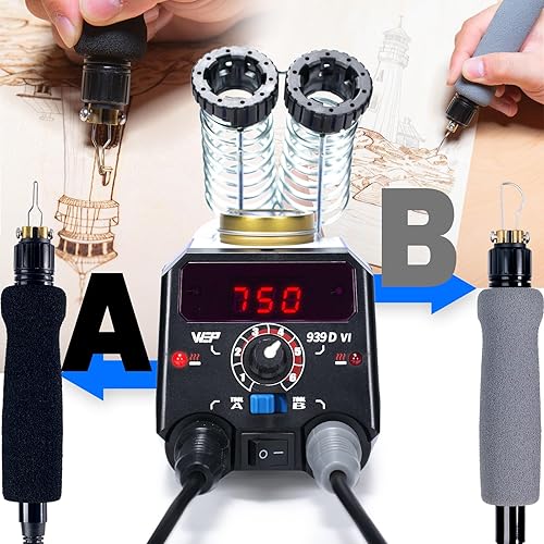 Miniatura 4 de Kit de Combustión de Madera WEP 939D-VI con Dos Plumas 250-750℃/482-1382℉ Herramienta de Combustión de Madera con Interruptor A/B, 2 Plumas