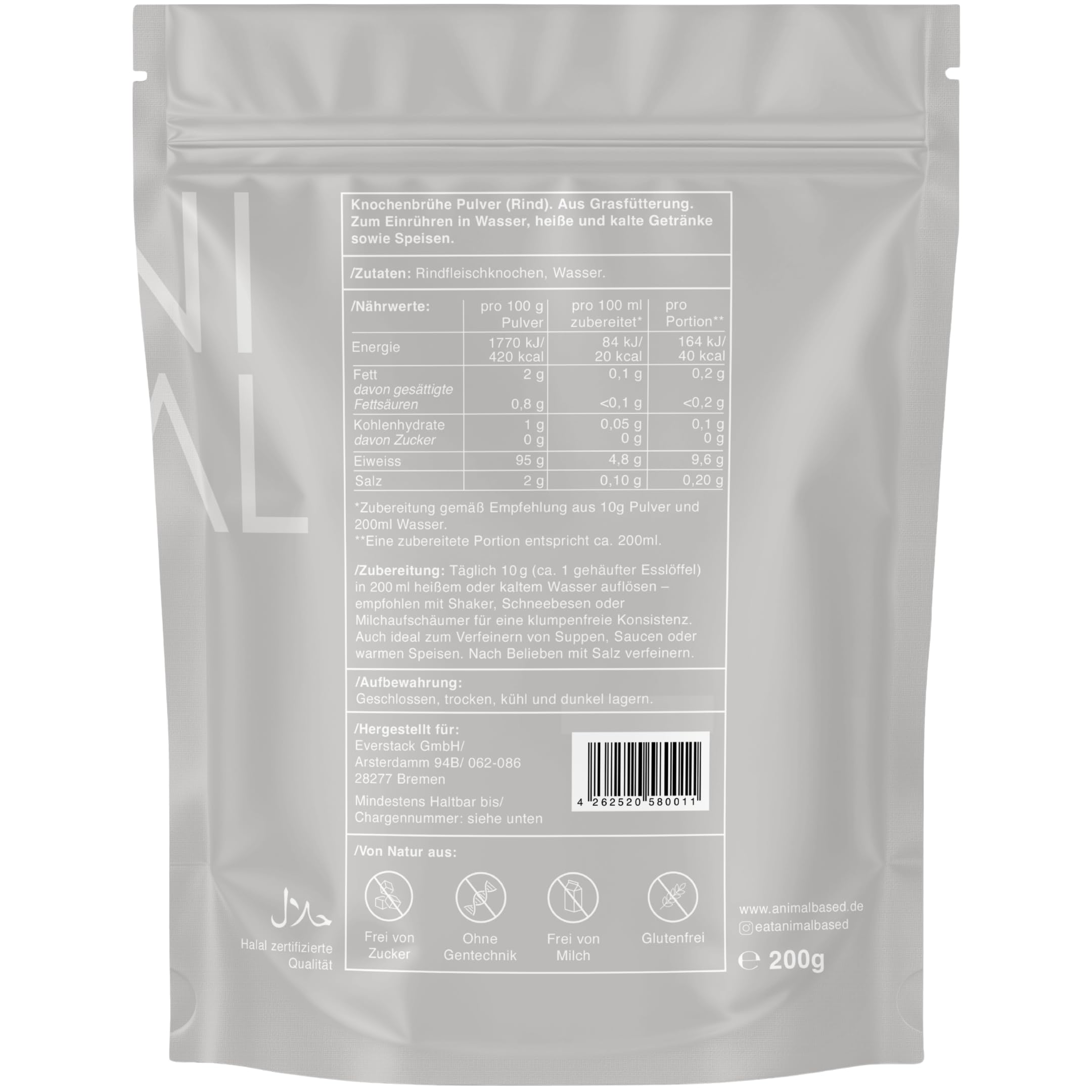 Knochenbrühe Pulver vom Weiderind [200g] - 20 Portionen - ca. 81% Kollagen - 95% Protein Pulver - Aus Schweden, abgefüllt in Deutschland - Ohne Zusätze - Bone Broth - Histaminarm - halal zertifiziert