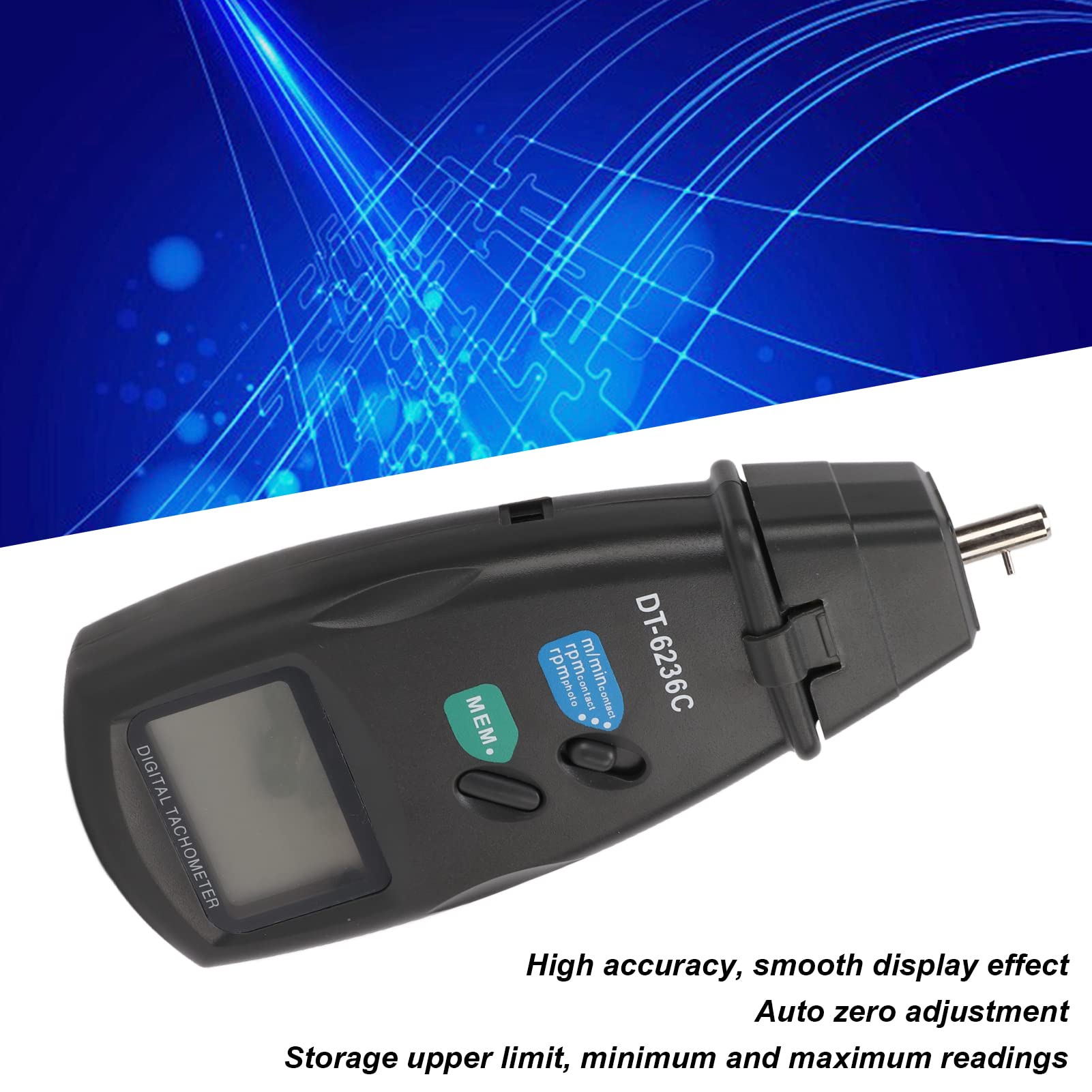 Tacómetro Digital DT6236C 2 en 1 Medidor de RPM Optoelectrónico Contacto y Sin Contacto 19999RPM