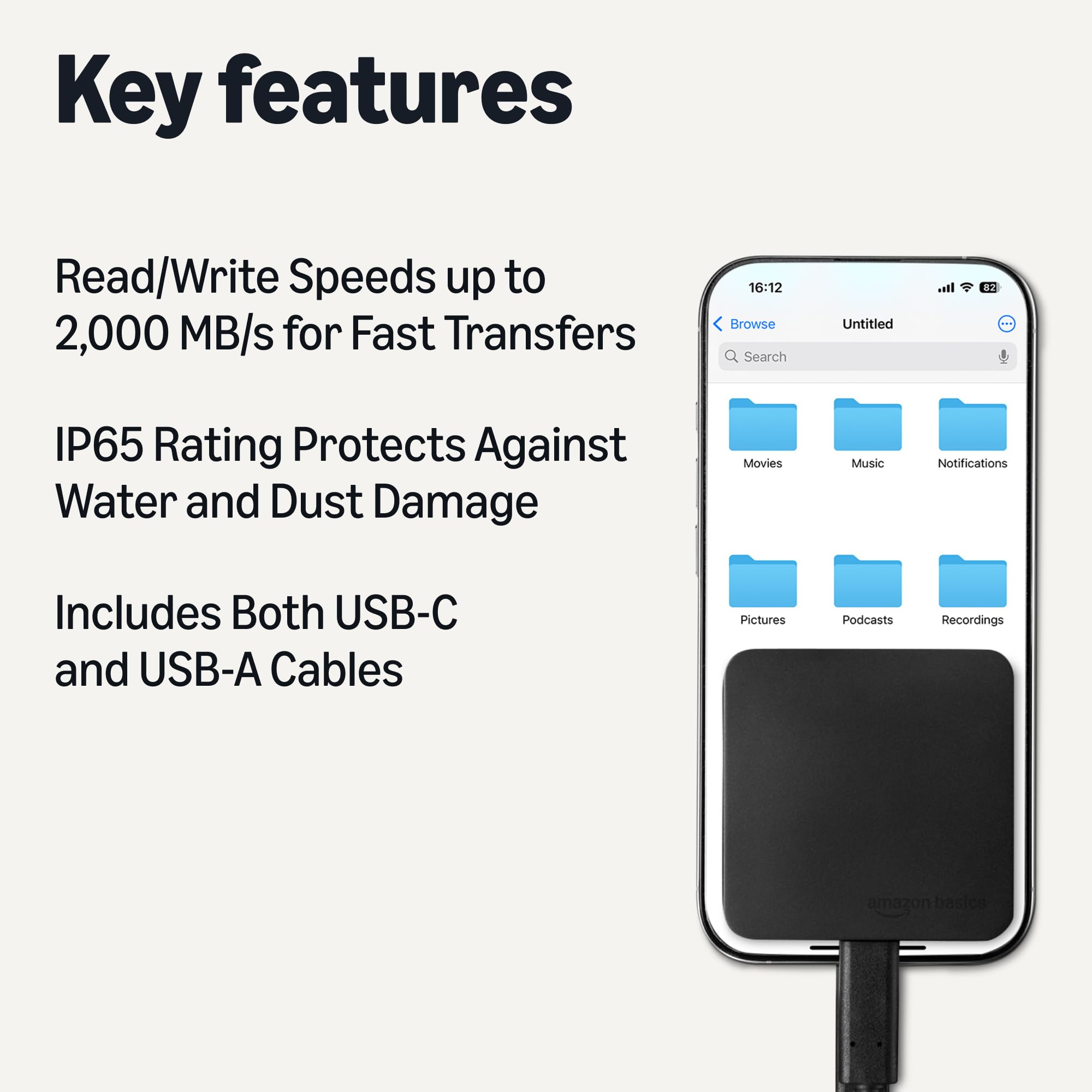 Amazon Basics Portable External SSD, 1TB, 2000MB/s Speeds, USB 3.2