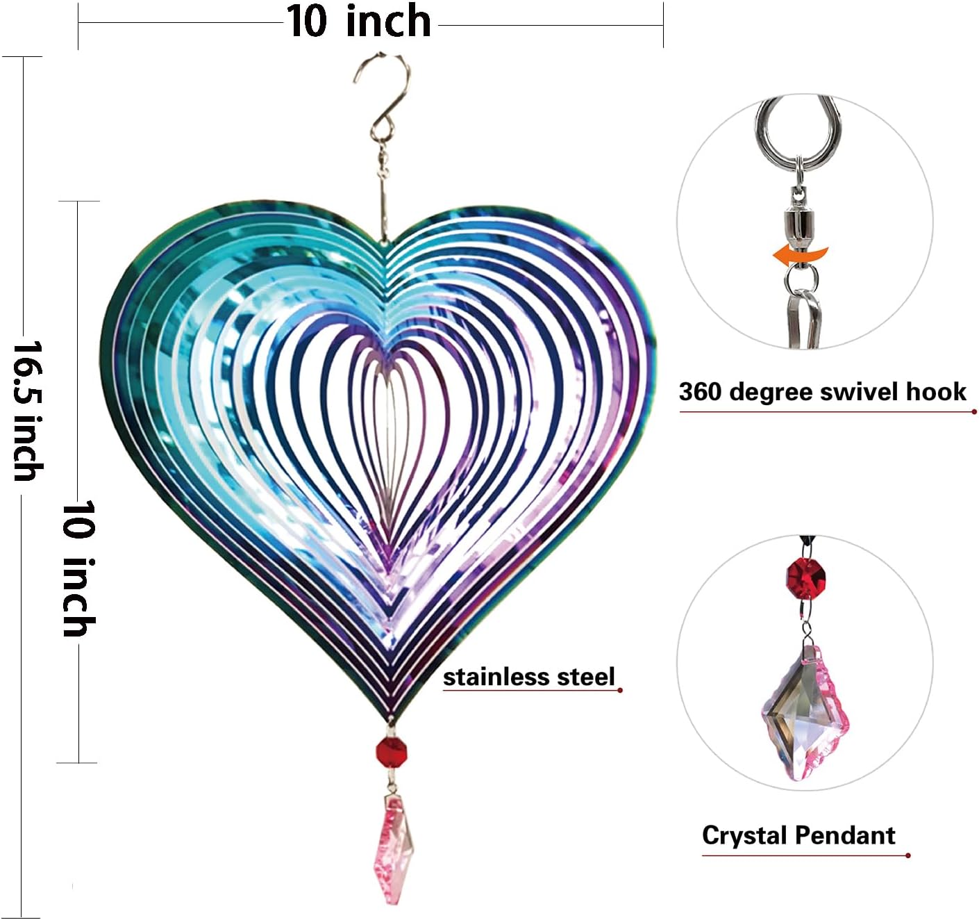 Wind Spinner Outdoor Metal 3D Wind Spinner Hanging Yard Garden Decor Gifts Stainless Steel Heart Pattern Spinners with 360° Rotating Hook