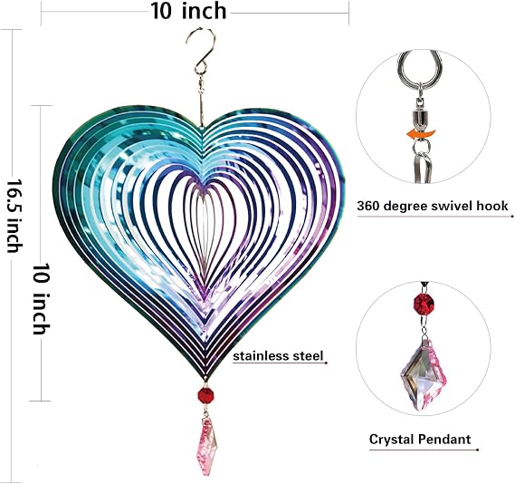 Wind Spinner Outdoor Metal 3D Wind Spinner Hanging Yard Garden Decor Gifts Stainless Steel Heart Pattern Spinners with 360 Rotating Hook