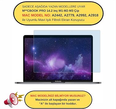 McStorey MacBook Pro 14.2 inç M2 M3 M4 M5 Uyumlu Anti BlueRay Ekran Koruyucu Mavi Mor Işık Filtresi Göz Yormayan Touch ID Retina Net Görüntü Şeffaf
