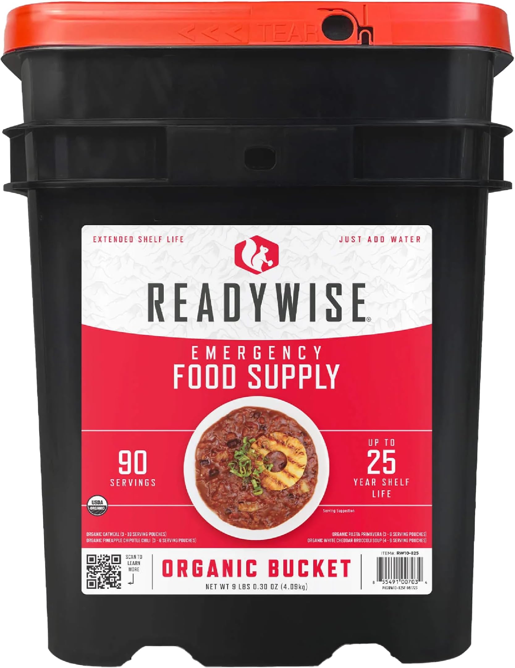 Emergency Food Supply - 90 Servings Organic Bucket, Protein Meals, Dehydrated & Freeze Dried Survival Food for Backpacking, Camping Essentials & Prepping Supplies, up to 25 Year Shelf Life