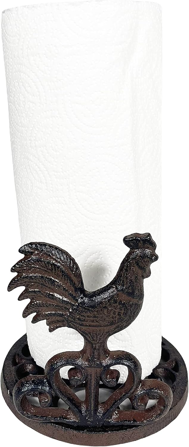 Urbalabs Cast Iron Farmhouse Paper Towel Holder Rooster Metal Paper Towel Holder Roll Paper Towel Stand for Farmhouse Kitchen Decor Bathroom Home Country Decor (Rooster)