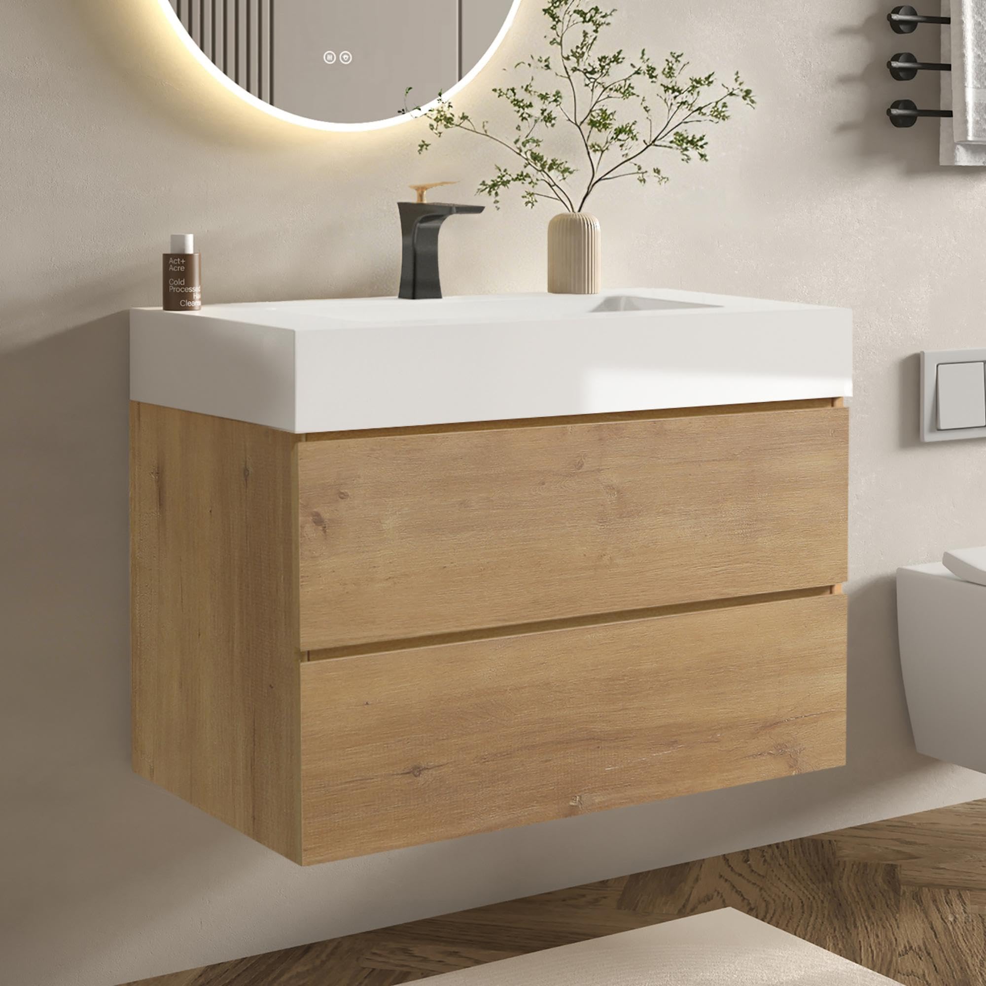 BLUHOUZZ 30 inch pre assembled oak floating bathroom vanity with white sink