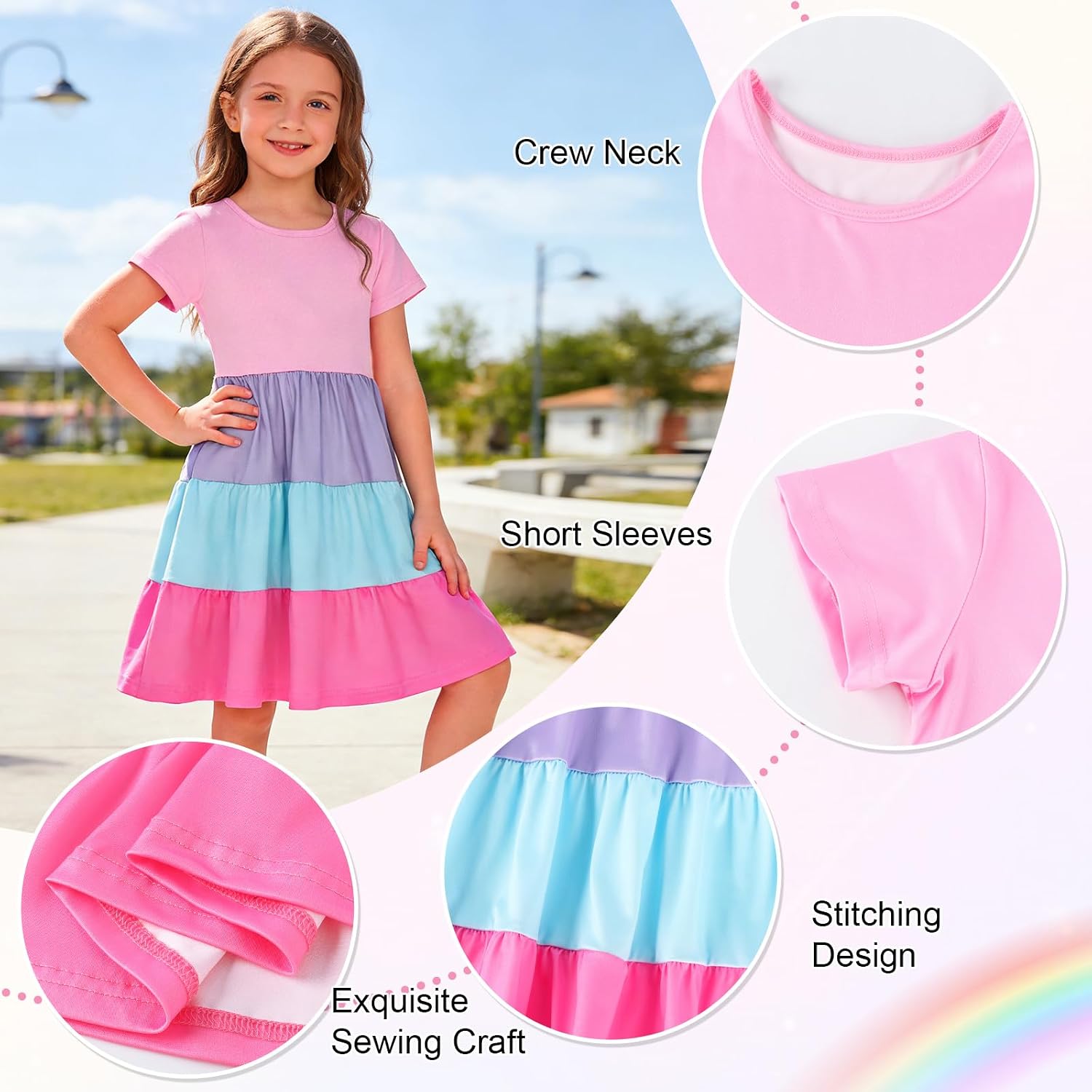Girls Dresses Summer Skater Twirly Dress Toddler Kids Short Sleeves Tiered Casual Sundress for School 3-12 Years