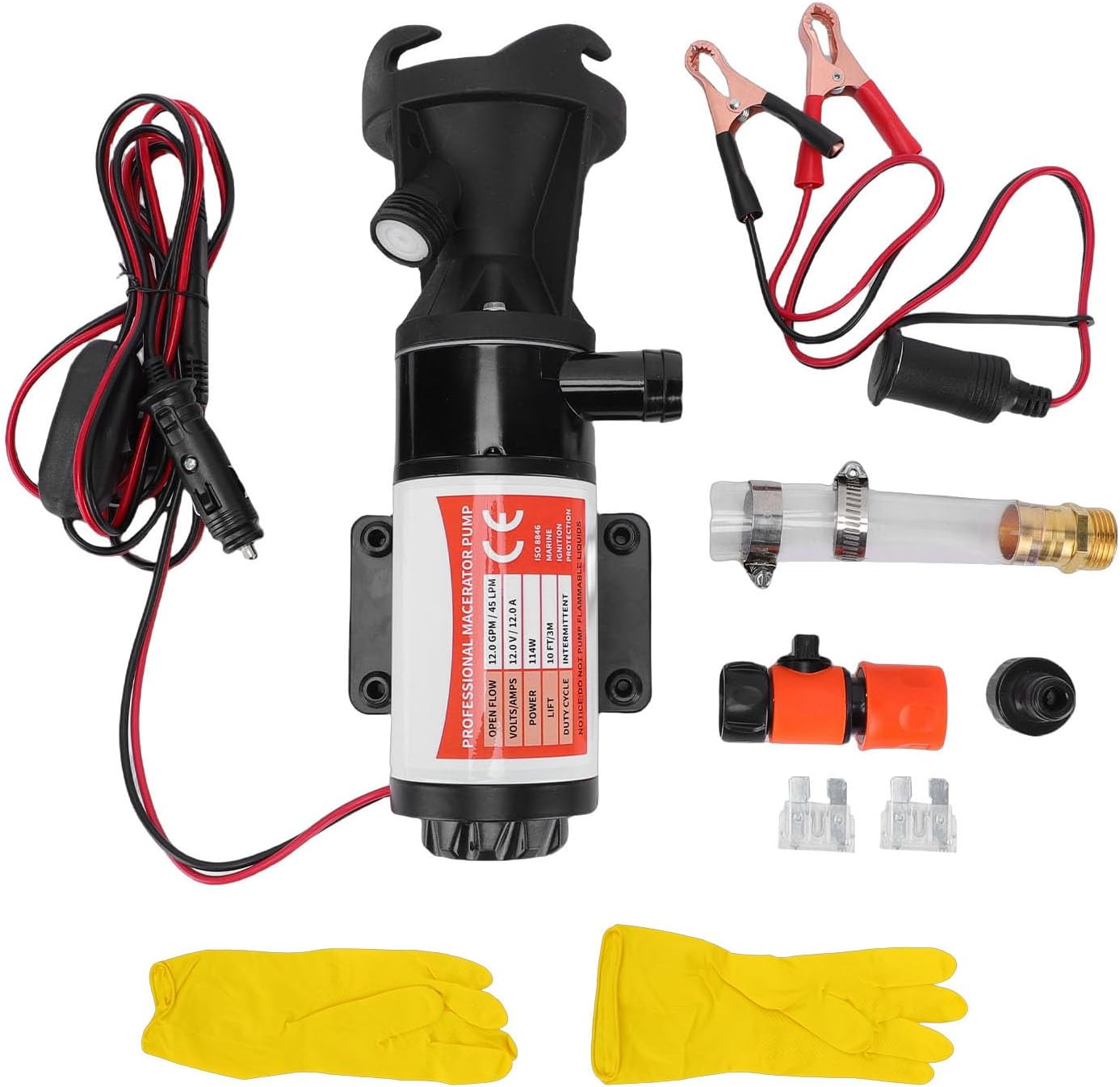 RV Waste Pump, 12GPM Self Priming Macerator Pump, 3/4in Garden Hose Connector with Efficient Operation, Ideal for 12V Systems, RVs, Trailers, Boats