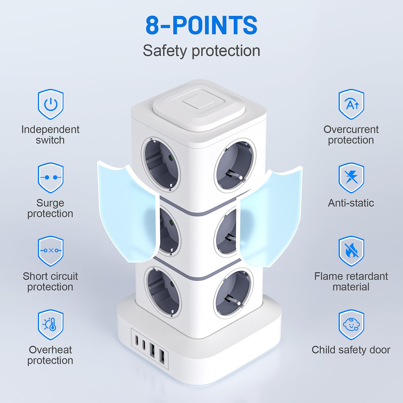 Power Strip Sockets 16 in 1 Vertical Power Strip Plugs with 12 Outlets and 2USB-A 2USB-A 2USB-C Tower Power Strips Sockets 2500W/10A Overload Protection 3 Meter Cable with Switch for Office Home — view 6