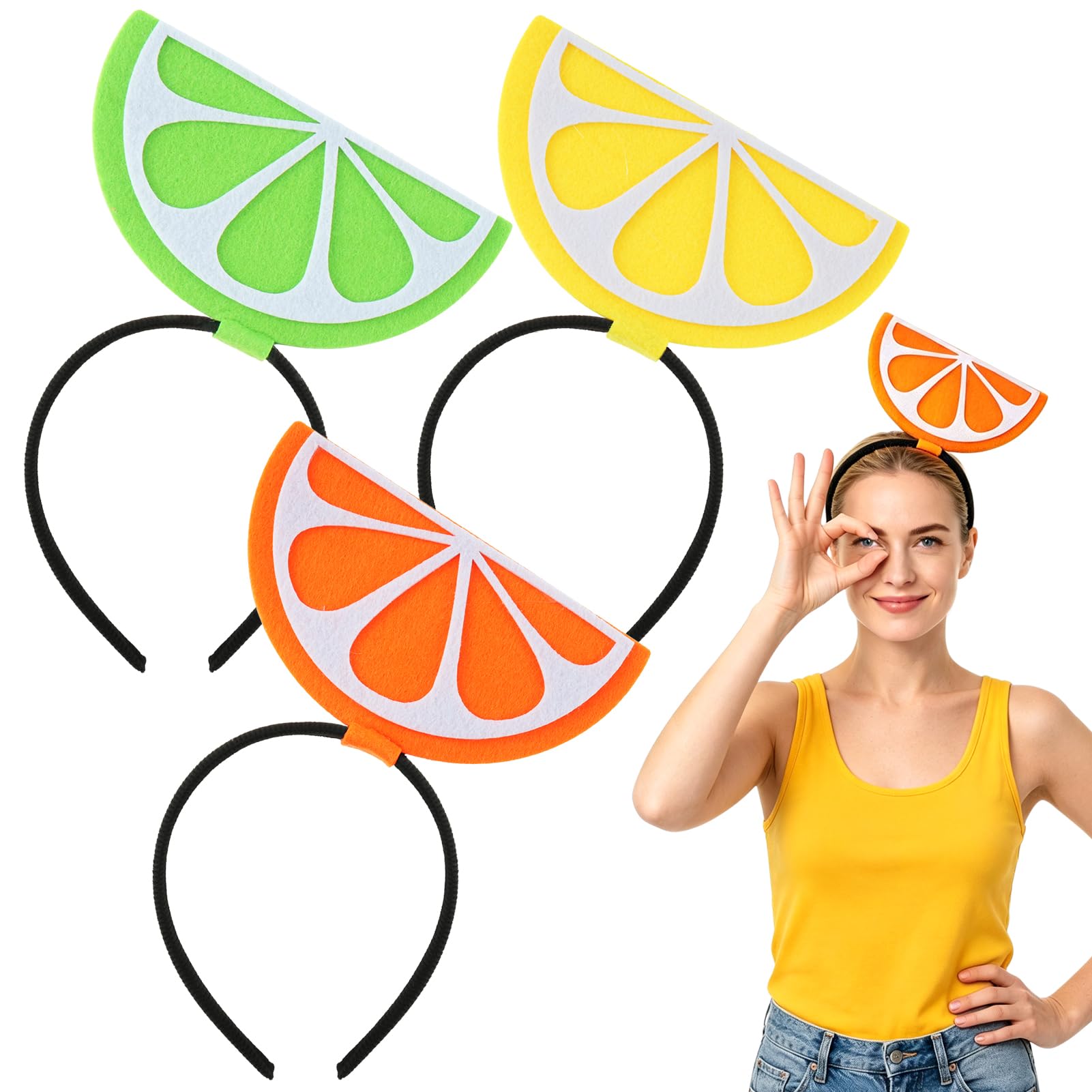 Sibosen 3 Pcs Lemon Slice Fruit Headband Lemon Slice Headpiece Fruit Slice Headband Lime Halloween Costume Accessory Party Supplies for Women Men, Yellow Red Green