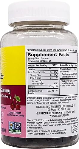 Miniatura 9 de Renew Life Women's Care Cherry Prebiotic and Probiotic Gummies, Digestive, Urinary Tract and Immune Health, B. Coagulans and B. Subtilis, Dairy, Soy