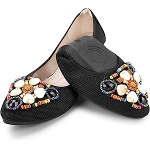 KUNWFNIX Women Ballet Flats Rhinestone Wedding Ballerina Shoes Foldable Sparkly Comfort Slip on Flat Shoes 7.5 #A3_black
