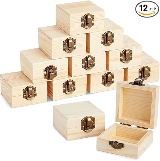 Bright Creations Unfinished Wood Boxes for Crafts - Paintable Wooden Treasure Chests for Jewelry & DIY Projects, 12 Pack of Small Storage with Lids, 2.7x2.7x1.6