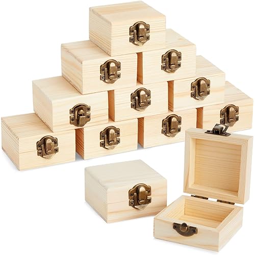 12 Pack Small Wooden Boxes For Crafts, Unfinished Wood Jewelry Boxes DIY (2.7 x 2.7 x 1.6 In)
