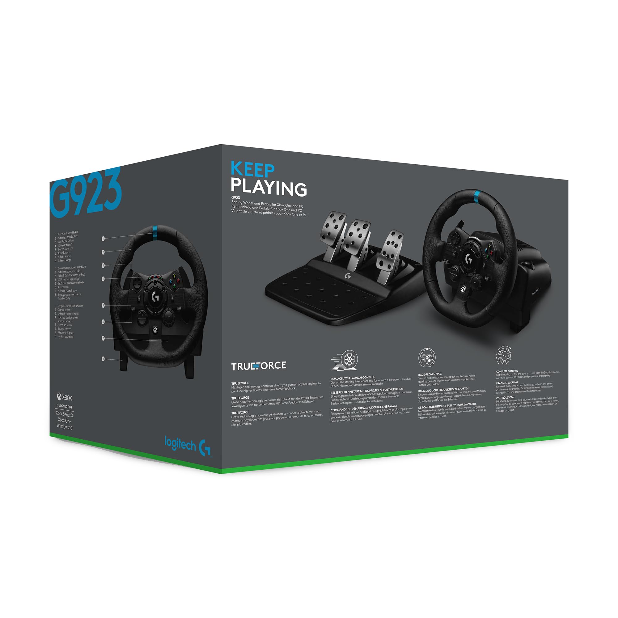 Logitech G G923, siłowe sprzężenie zwrotne TRUEFORCE do 1000 Hz, do PXbox X|S, Xbox One, PC, Wtyczka zasilająca typu G (Wielka Brytania), Układ brytyjski – Czarny