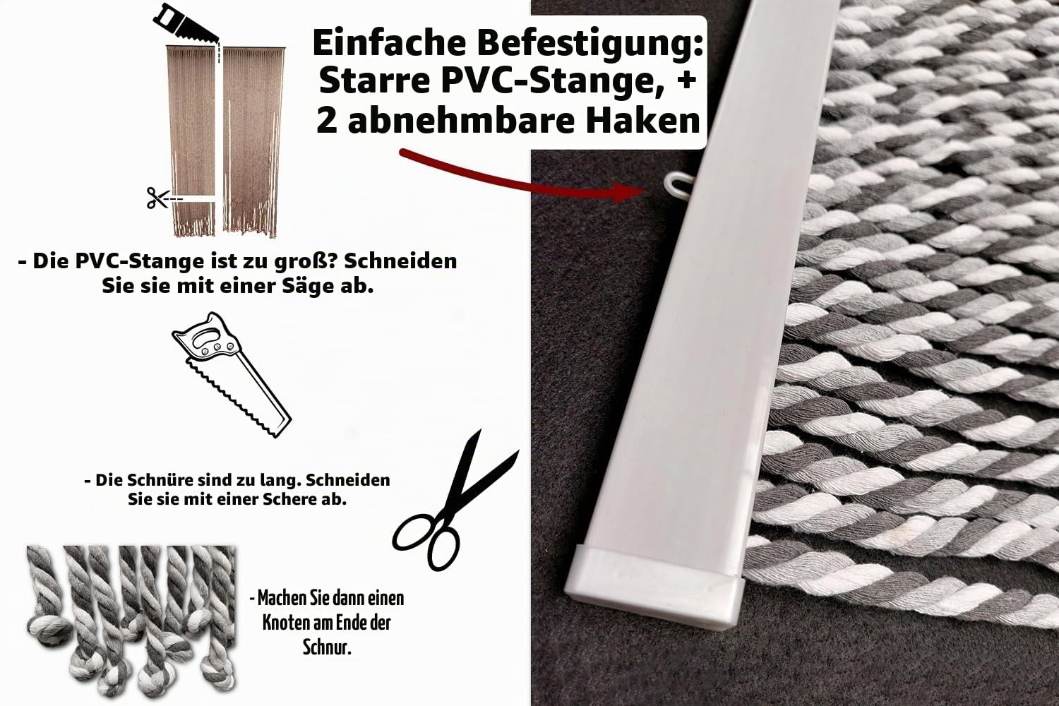 MadeInNature Türvorhang, natürliches geflochtenes Baumwollseil, hochwertig, für den Innen- und Außenbereich, Breite 90 cm x Länge 200 cm, verschiedene Modelle (Hellgrau, Dunkelgrau, Weiß, 54 Stränge)