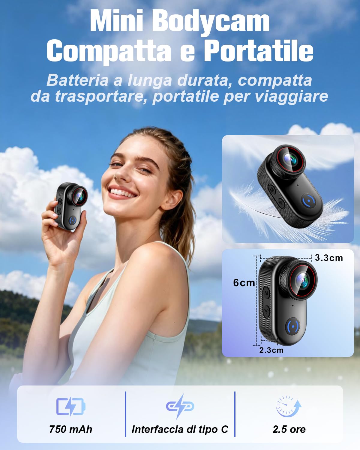 Generico Action Cam 4K, Mini Body Cam WiFi, 360° Portatile Telecamera Sportiva, Moto Videocamera POV Magnetica, Telecamera Casco con Accessori Multifunzione per Ciclismo, Animali Domestici, Vlogging