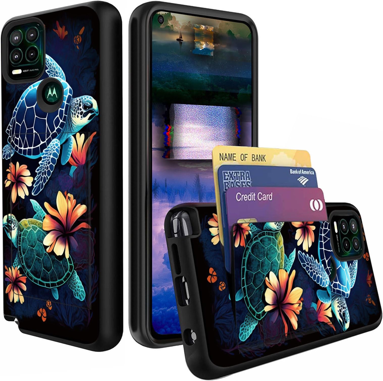 for Moto G Stylus 5G Case,Wallet Case Credit Card Holder Flip Case Full Body Protective Soft Hybrid TPU Hard Durable Shockproof for Motorola Moto G Stylus 5G 2021,Sea Turtle with Flowers