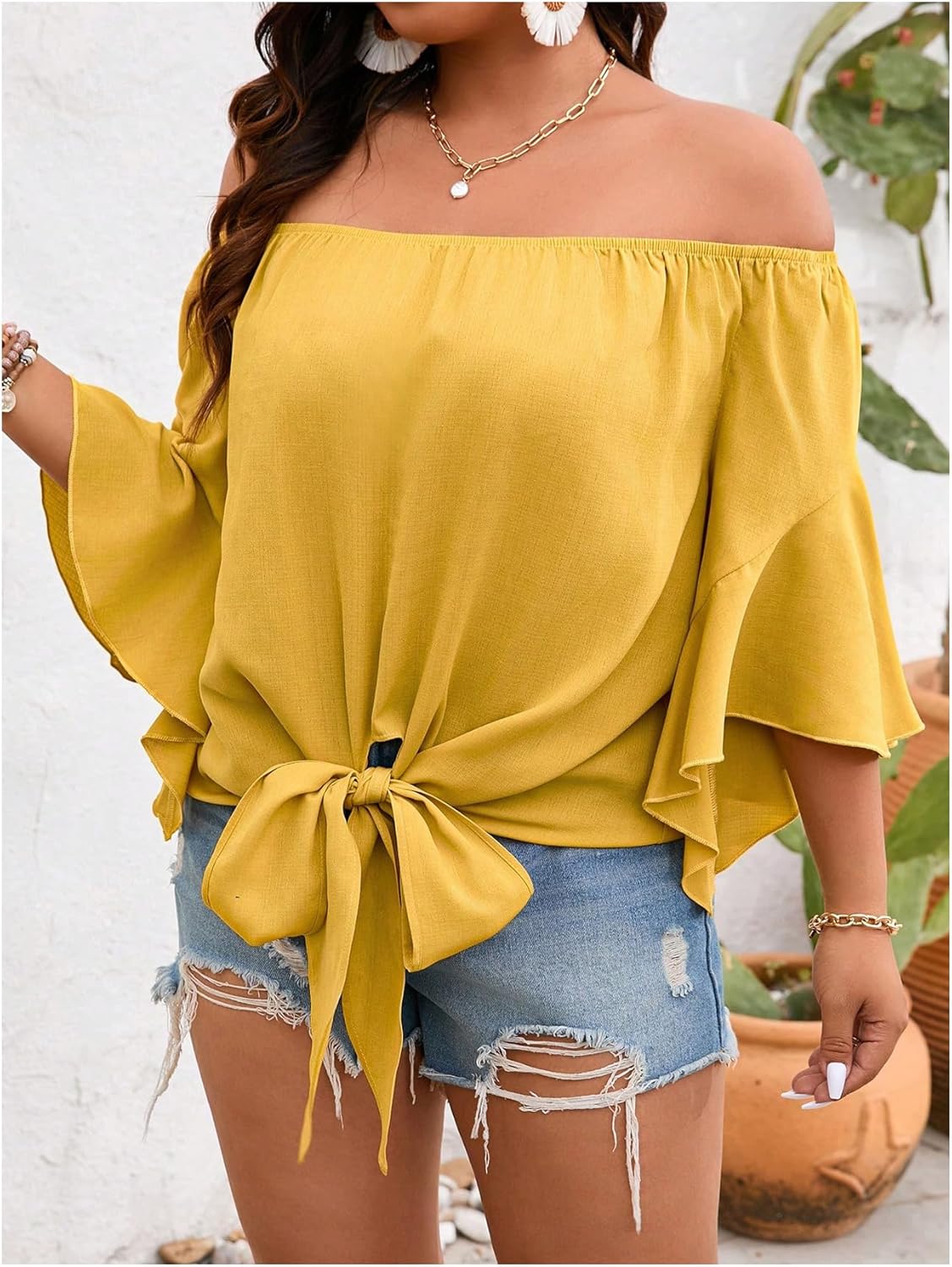 Floerns Women's Plus Size Off Shoulder 3/4 Bell Sleeve Knot Tie Front Blouses Top - Image 6