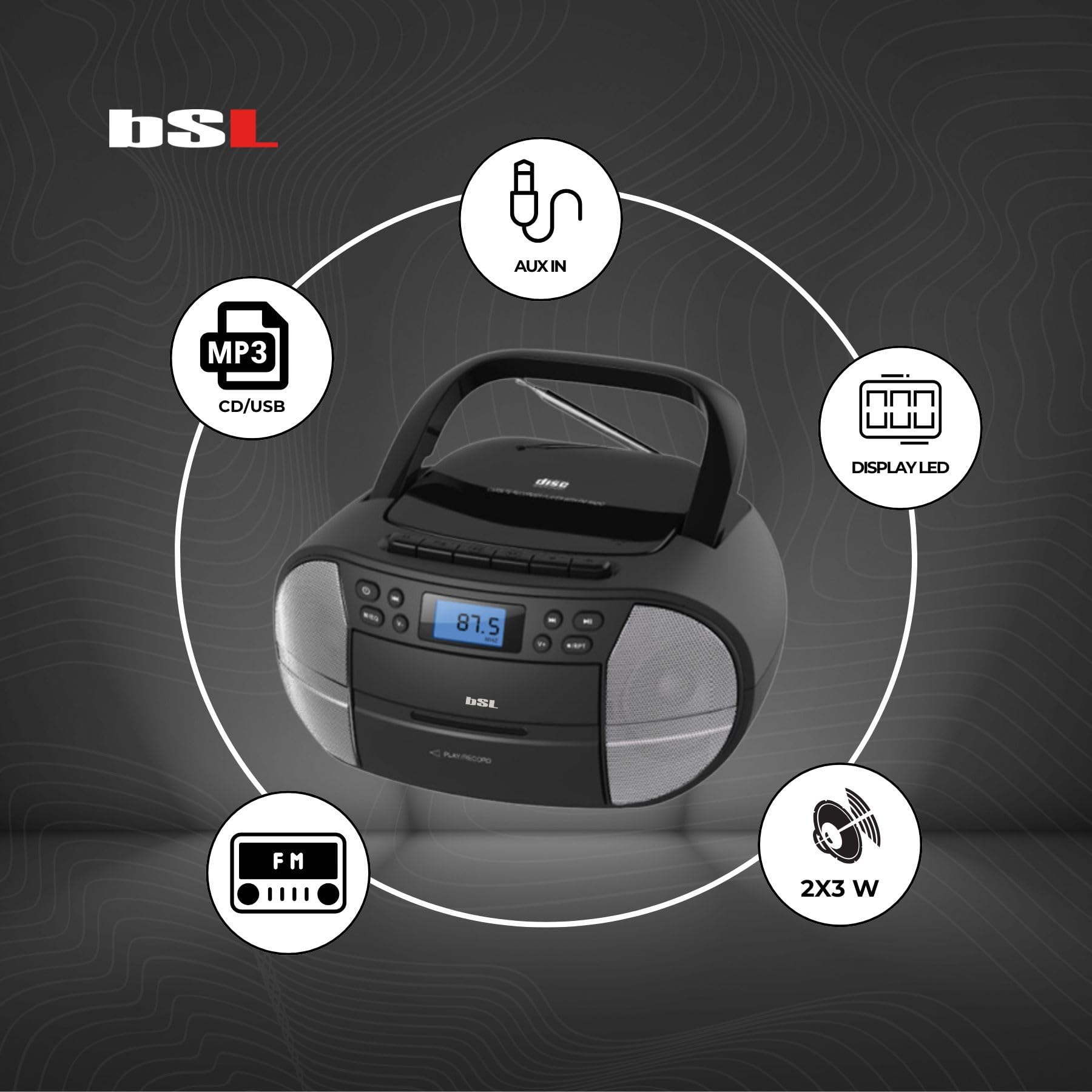 BSL Boombox Radio CD Portatile con Cassetta e Bluetooth JL2021A | 6W RMS | FM e USB | mp3 | Display LCD | AUX IN e Usb Cuffie