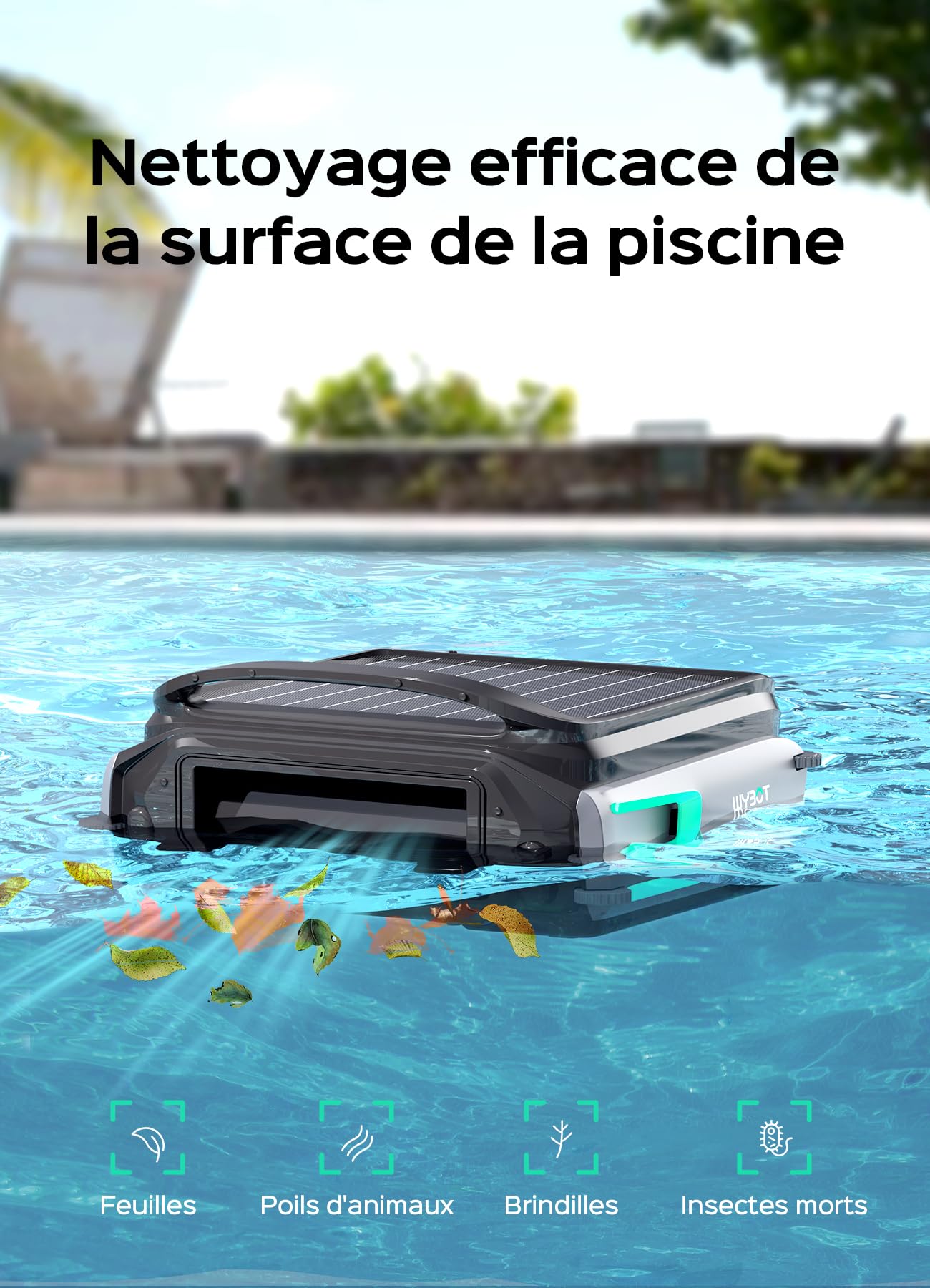 WYBOT F1 Skimmer Piscine Hors Sol Double Énergie (Solaire + Batterie), Nettoie La Surface De L’Eau, Pilotage par App, Fonctionne 24h/24, pour Toutes Piscines – Robot Piscine sans Fil,Vert Olive