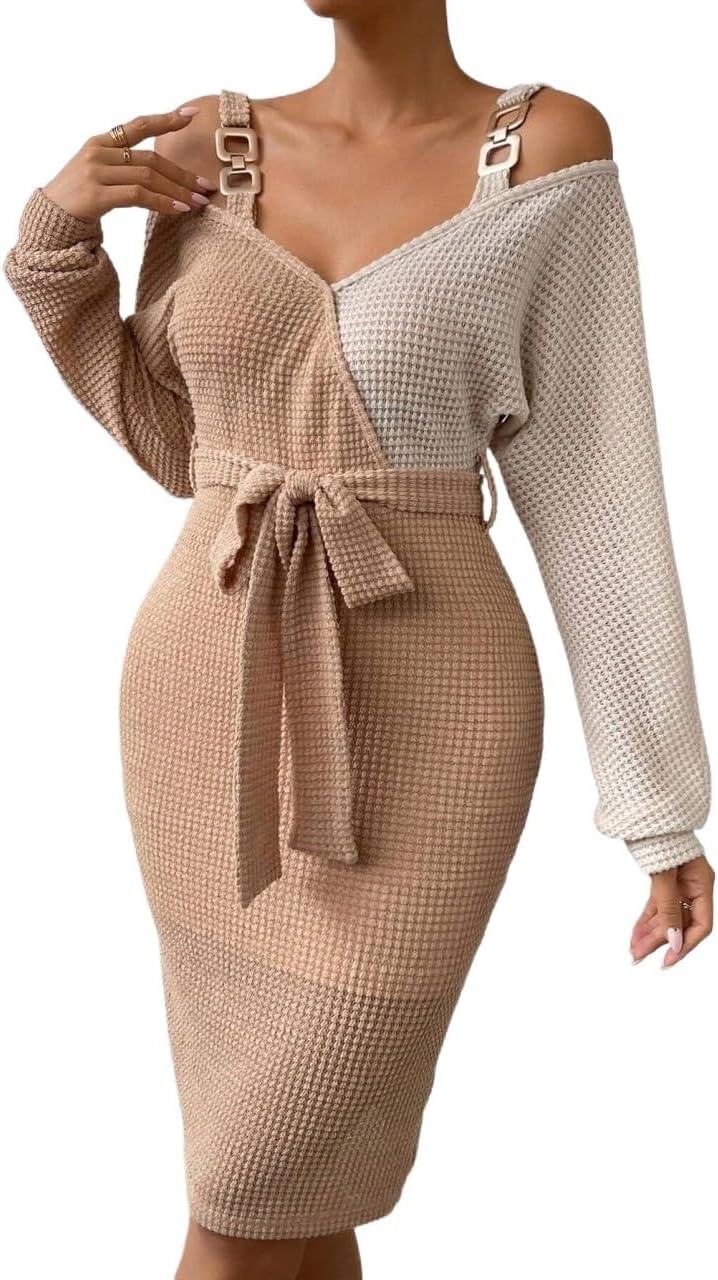 [GITEES] 女性のためのドレス ツートーン チェーン詳細 コールドショルダー ベルト ボディコンドレス