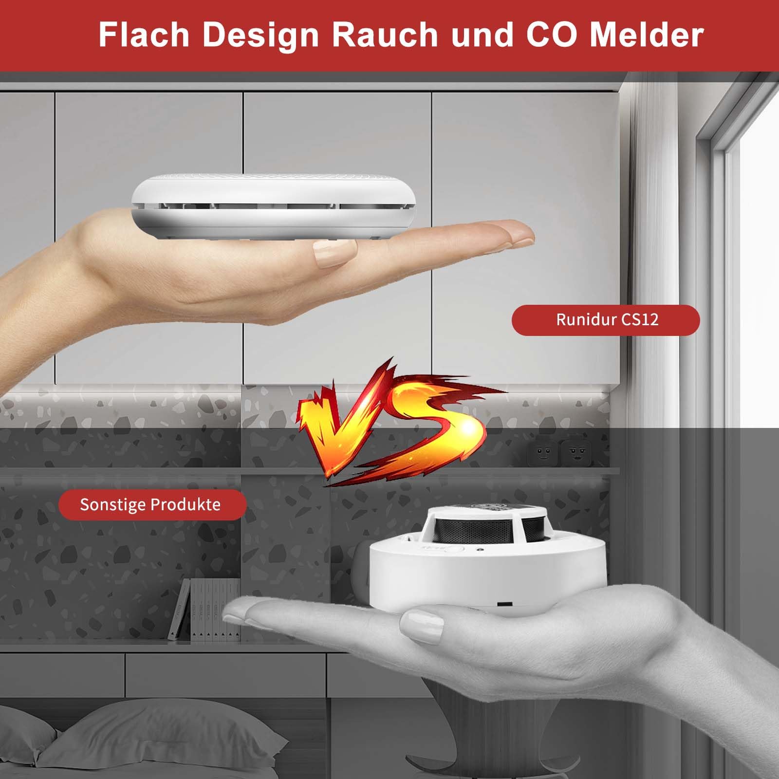 RUNIDUR Rauch und CO Melder, Kombination Rauchmelder und Kohlenmonoxid Melder Standalone, Akkurater Sensor mit 10 Jahre Batterie, Testknopf und Lauter 85 dB Alarm, Einfache Installation, 1 Stück