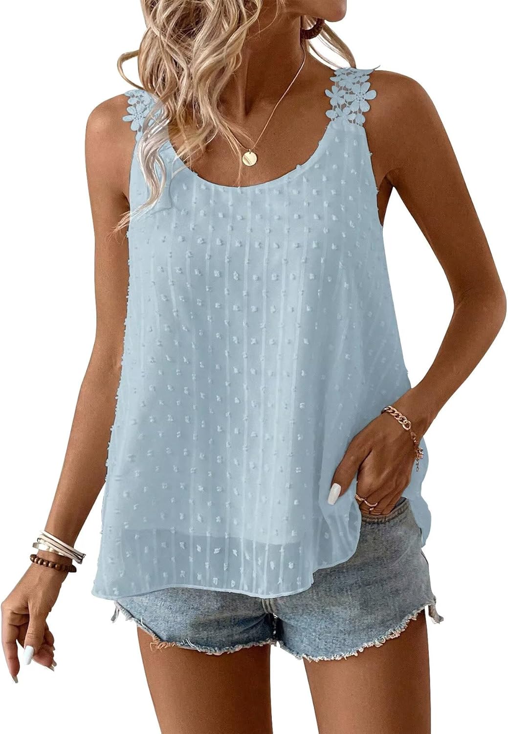 Womens Tank Tops Flowy Sleeveless Summer Boho Tank Top for Women Casual Crewneck Strap Lace Camisole Shirts