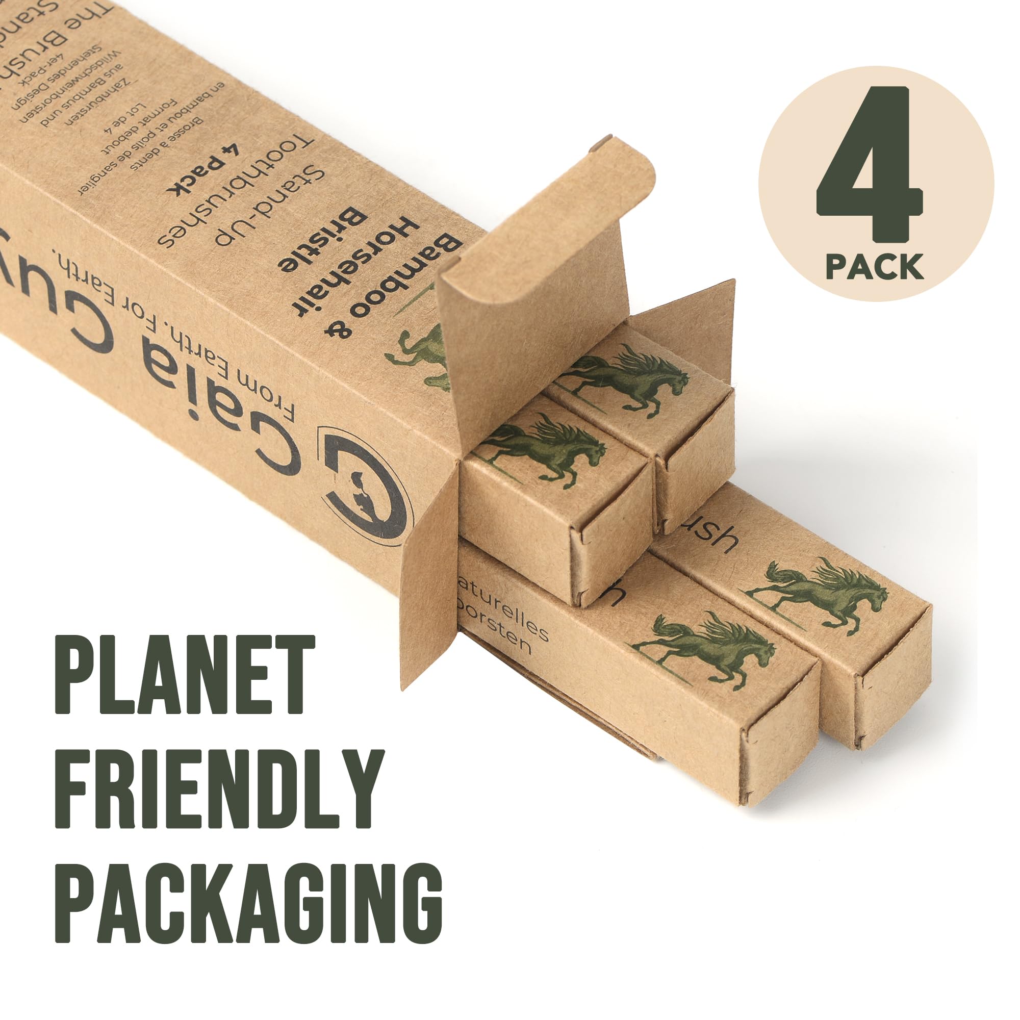 Gaia Guy Szczoteczki do zębów z włosia końskiego bambusa, 4 sztuki, naturalne włosie końskiego włosia | Stojąca szczoteczka do zębów bez plastiku | Zero Waste pielęgnacja jamy ustnej