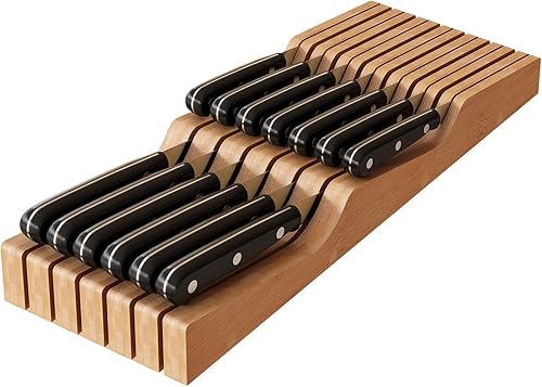 Organizador de cuchillos en el cajón, soporte de cuchillos de madera de bambú, bloque organizador de cuchillos protector con capacidad para hasta 13