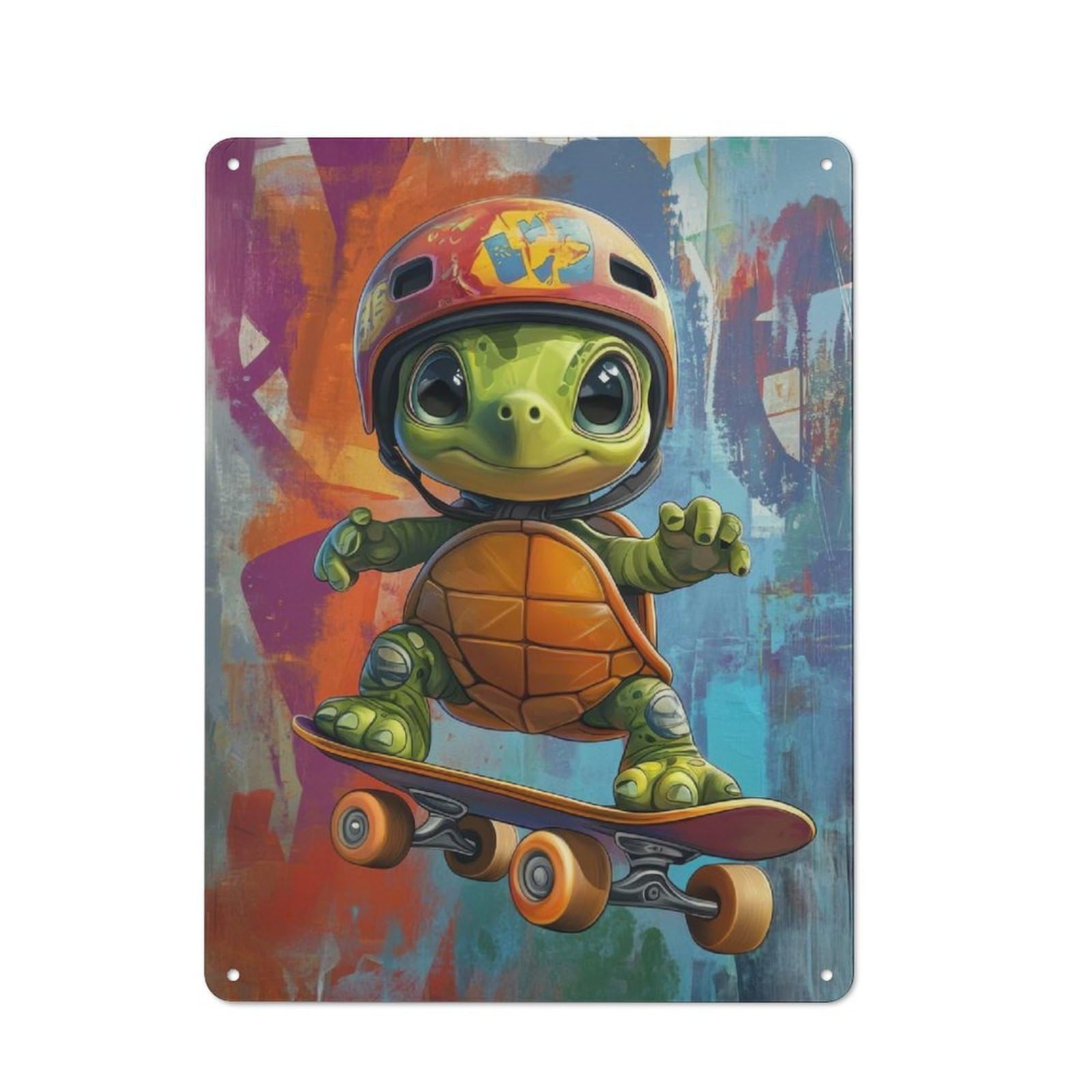 Clean Industrial Turtle Skateboarding Decorative Metal Plaque 40x30cm, Loft Wall Plaque for Modern Home, Workshop, Office Or Cafe