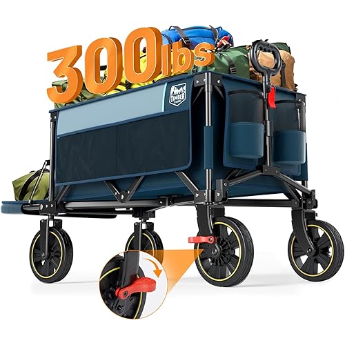 Timber Ridge 49" Extra Long Collapsible Folding Wagon with Tailgate and Brakes, 300lbs Heavy Duty Foldable Wagon with Adjustable Handle, 250L Capacity Portable Cart for Outdoor Camping Sports, Blue