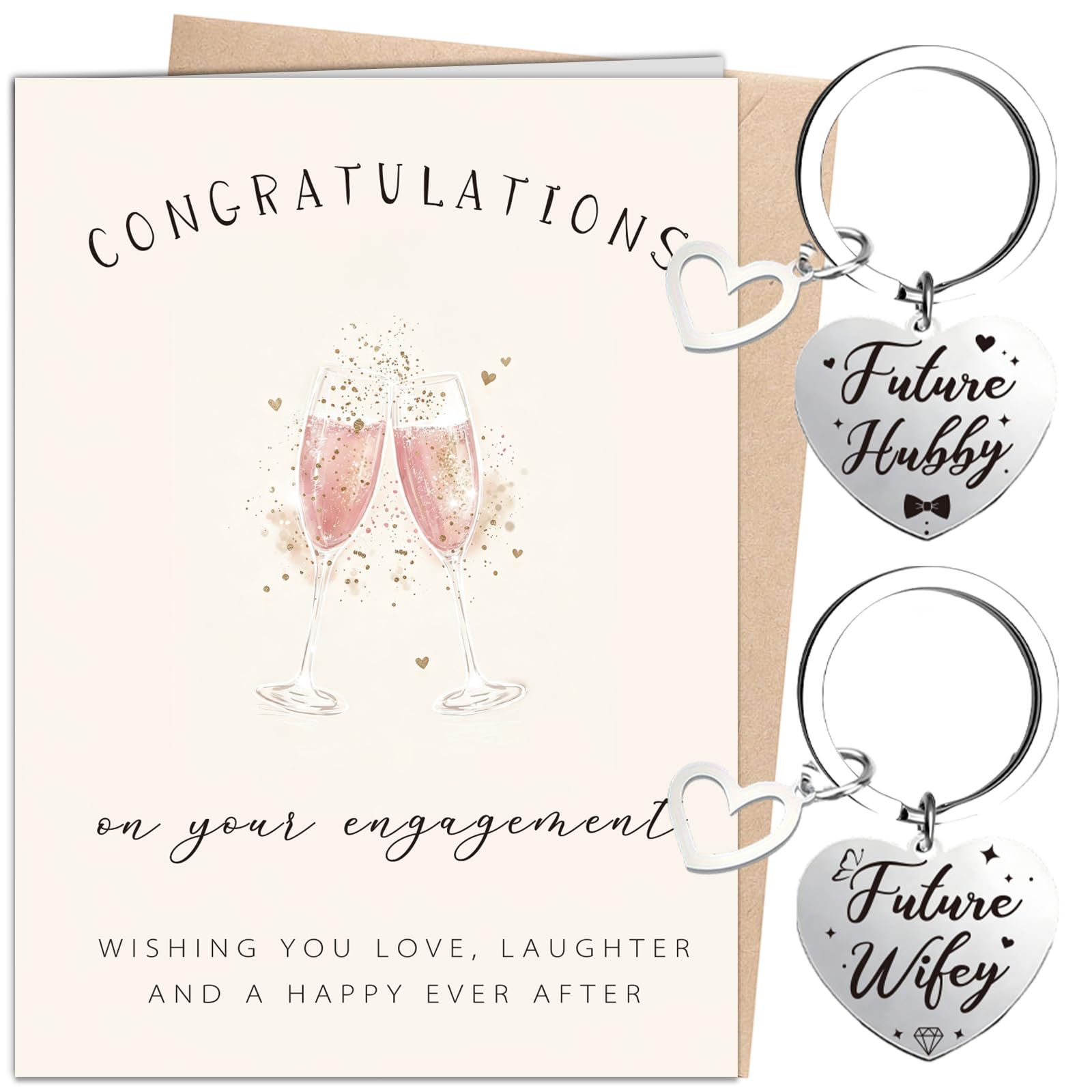 Engagement Card for Couples, Champagne Congratulations Card and 2 Pcs Heart Keychain, Engagement Gifts for Family Friends Colleagues