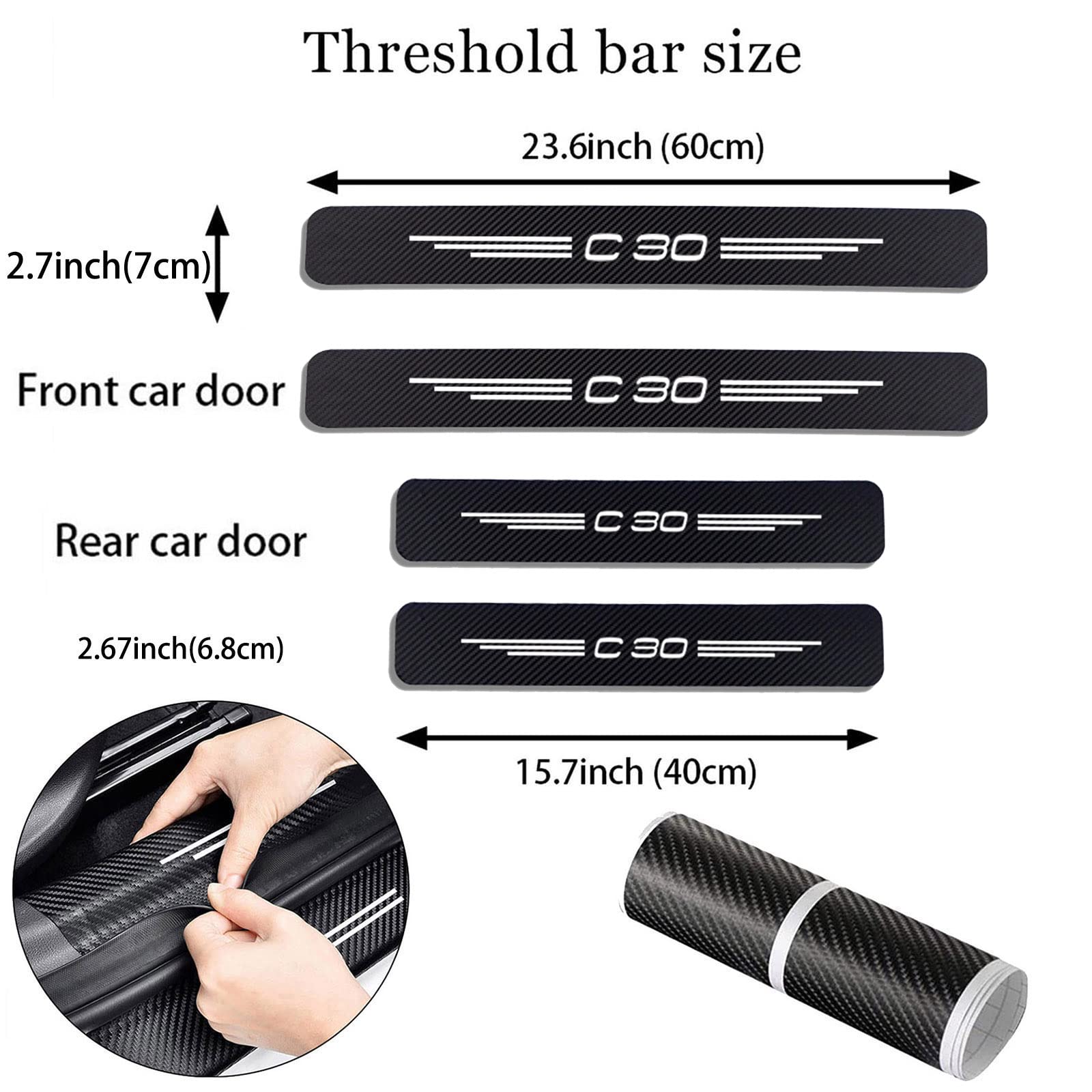 4 Pezzi Battitacco per Auto Adesivi Soglie, per VO-LVO C30 Fibra di Carbonio Auto Esterno Piastra Batticalcagno Protezione, Porta Soglia Trim Sticker AntiGraffio Accessori