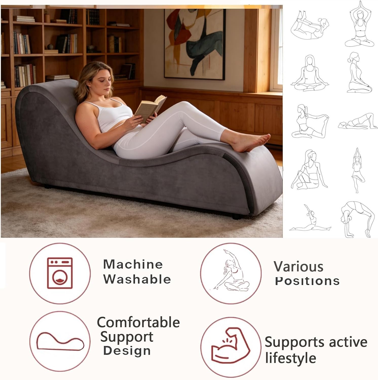 Ergonomic Grey Curved Chaise Lounge Chair for Relaxing, Sofa Bench with Heavy-Duty Metal Frame & Removable Velvet Cover (Black Velvet)