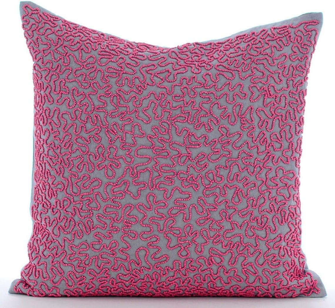 HomeCentric Pink Pillow Shams, Fuchsia Beaded Scroll Ocean Beach Theme, 24x24 inch Square Cotton Linen Pillows, Mediterranean Easter - Pink Rush